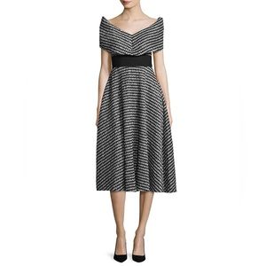 LELA ROSE Dress Size 10 Pleated Gingham Taffeta Open V Neck Black Retro 50s NEW